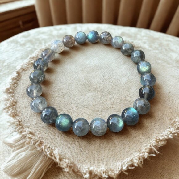 Natural Labradorite Gemstone Beaded Bracelet - Handmade 8mm Reiki Jewelry - Picture 1 of 6